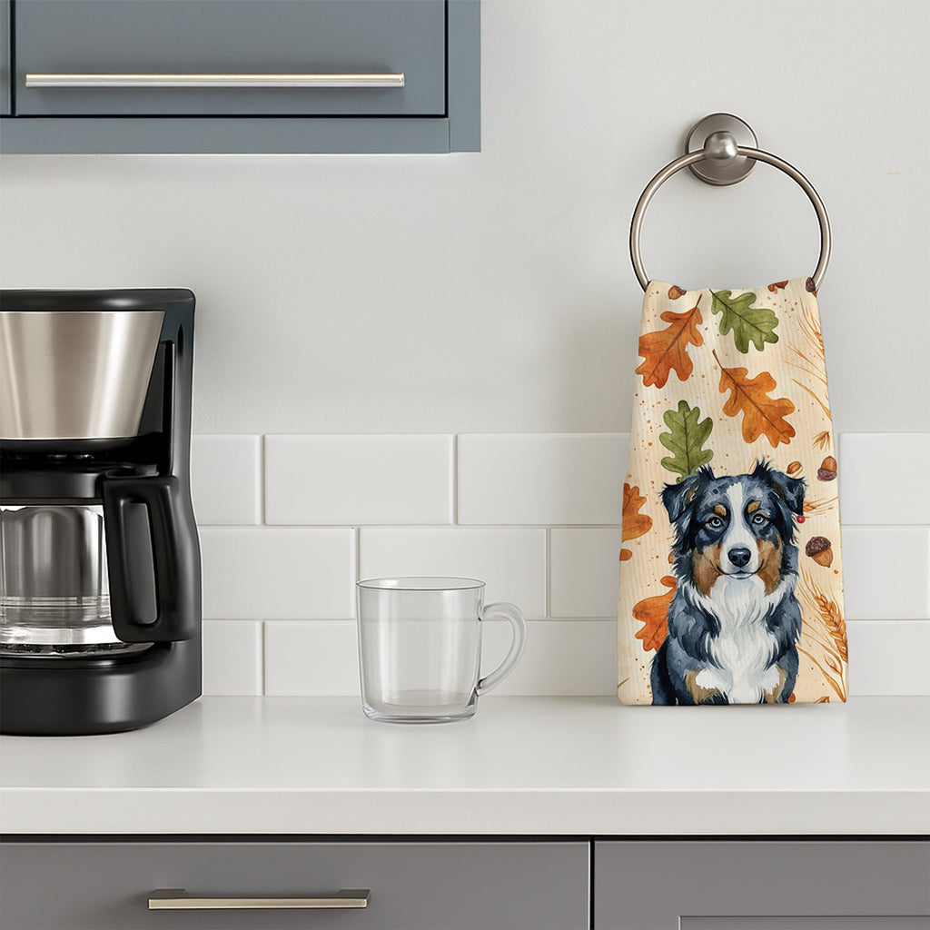Black Australian Shepherd Heirloom Fall Kitchen Towel Velour Plush Front and Cotton Loop Back Machine Washable