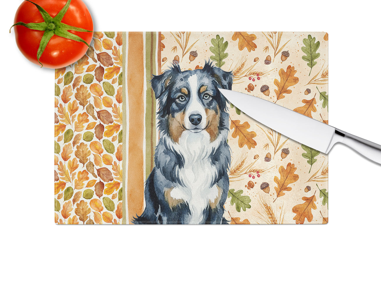 Black Australian Shepherd Heirloom Fall Cutting Board Tempered Glass Kitchen Cutting Surface, Heat Resistant Chopping, Non-Slip Feet, Food Prep & Serving