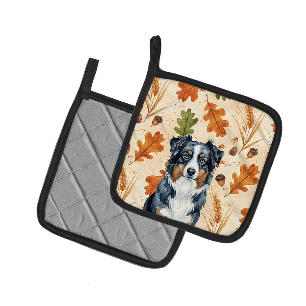 Black Australian Shepherd Heirloom Fall Pot Holder Set of 2 Heat Resistant Quilted Hot Pads 7.5 x 7.5 Inch, Insulated Kitchen Trivets for Cooking & Baking