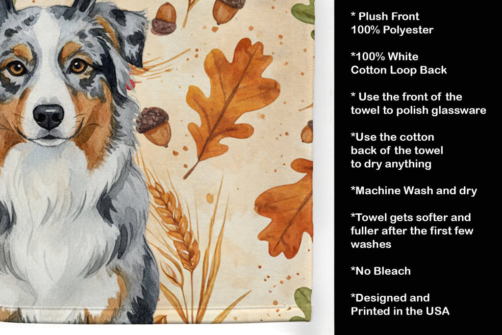 Blue Merle Australian Shepherd Heirloom Fall Kitchen Towel Velour Plush Front and Cotton Loop Back Machine Washable