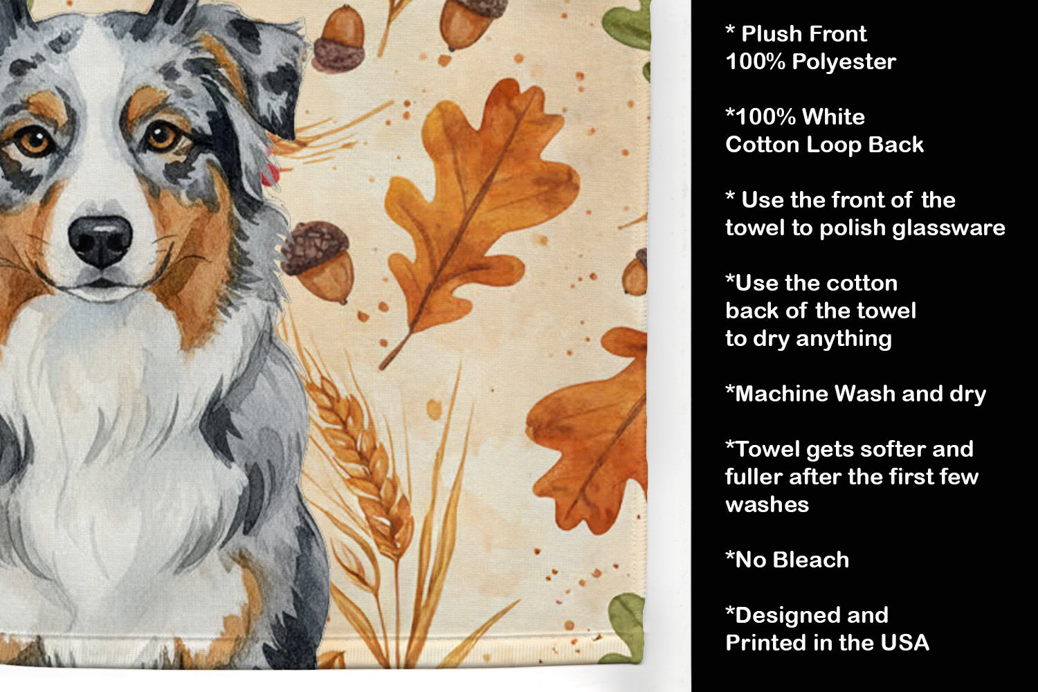 Blue Merle Australian Shepherd Heirloom Fall Kitchen Towel Velour Plush Front and Cotton Loop Back Machine Washable