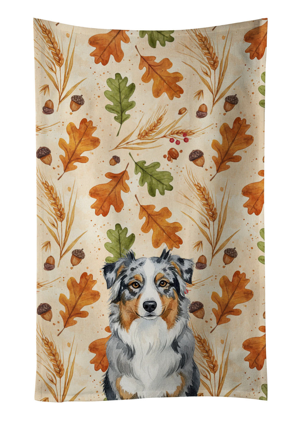 Blue Merle Australian Shepherd Heirloom Fall Kitchen Towel Velour Plush Front and Cotton Loop Back Machine Washable