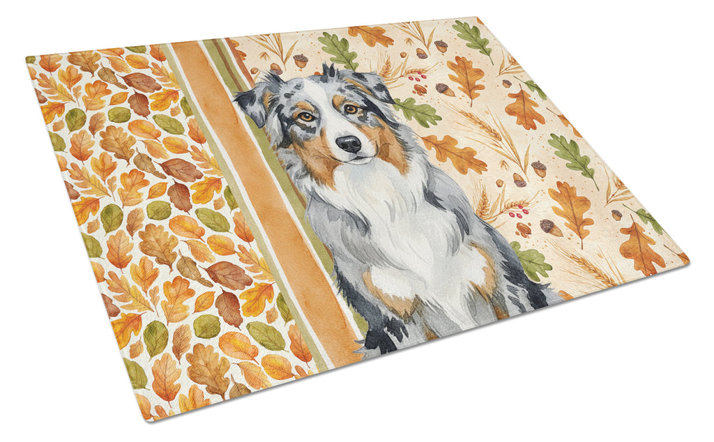 Blue Merle Australian Shepherd Heirloom Fall Cutting Board Tempered Glass Kitchen Cutting Surface, Heat Resistant Chopping, Non-Slip Feet, Food Prep & Serving