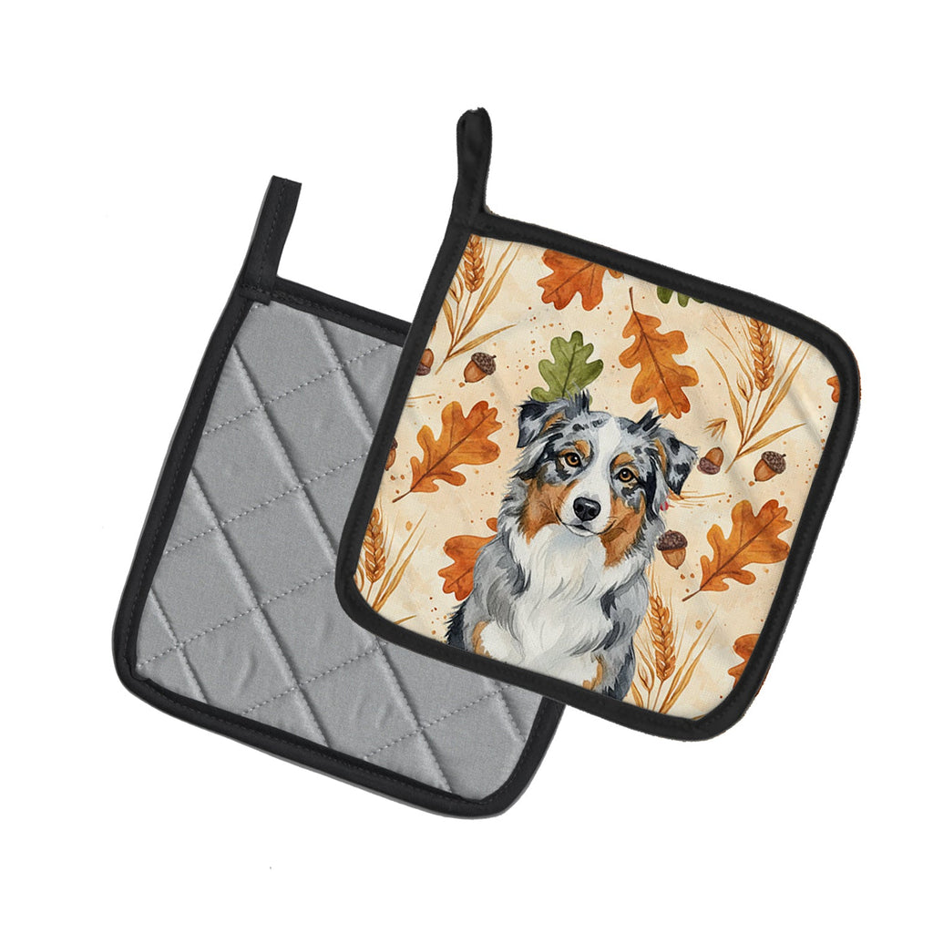 Blue Merle Australian Shepherd Heirloom Fall Pot Holder Set of 2 Heat Resistant Quilted Hot Pads 7.5 x 7.5 Inch, Insulated Kitchen Trivets for Cooking & Baking
