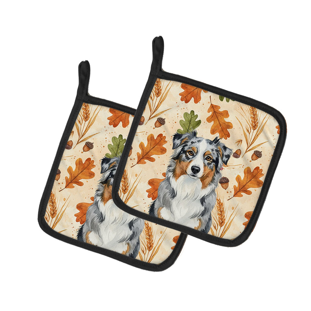 Blue Merle Australian Shepherd Heirloom Fall Pot Holder Set of 2 Heat Resistant Quilted Hot Pads 7.5 x 7.5 Inch, Insulated Kitchen Trivets for Cooking & Baking