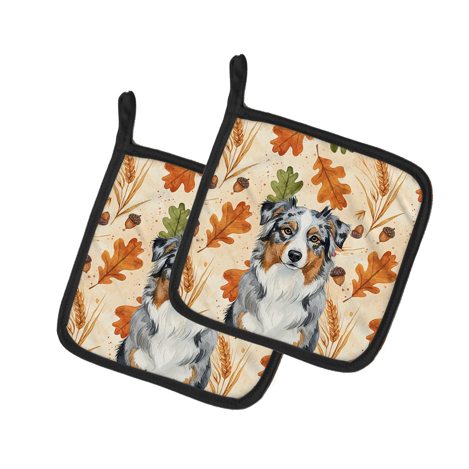 Blue Merle Australian Shepherd Heirloom Fall Pot Holder Set of 2 Heat Resistant Quilted Hot Pads 7.5 x 7.5 Inch, Insulated Kitchen Trivets for Cooking & Baking