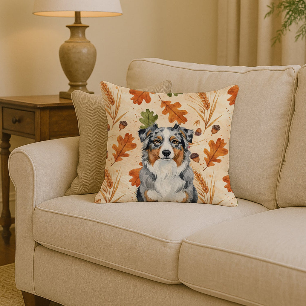 Blue Merle Australian Shepherd Heirloom Fall Decorative Throw Pillow 14x14 Indoor Outdoor Accent Cushion, Fabric Cover with Insert for Sofa, Bed, Porch & Living Room
