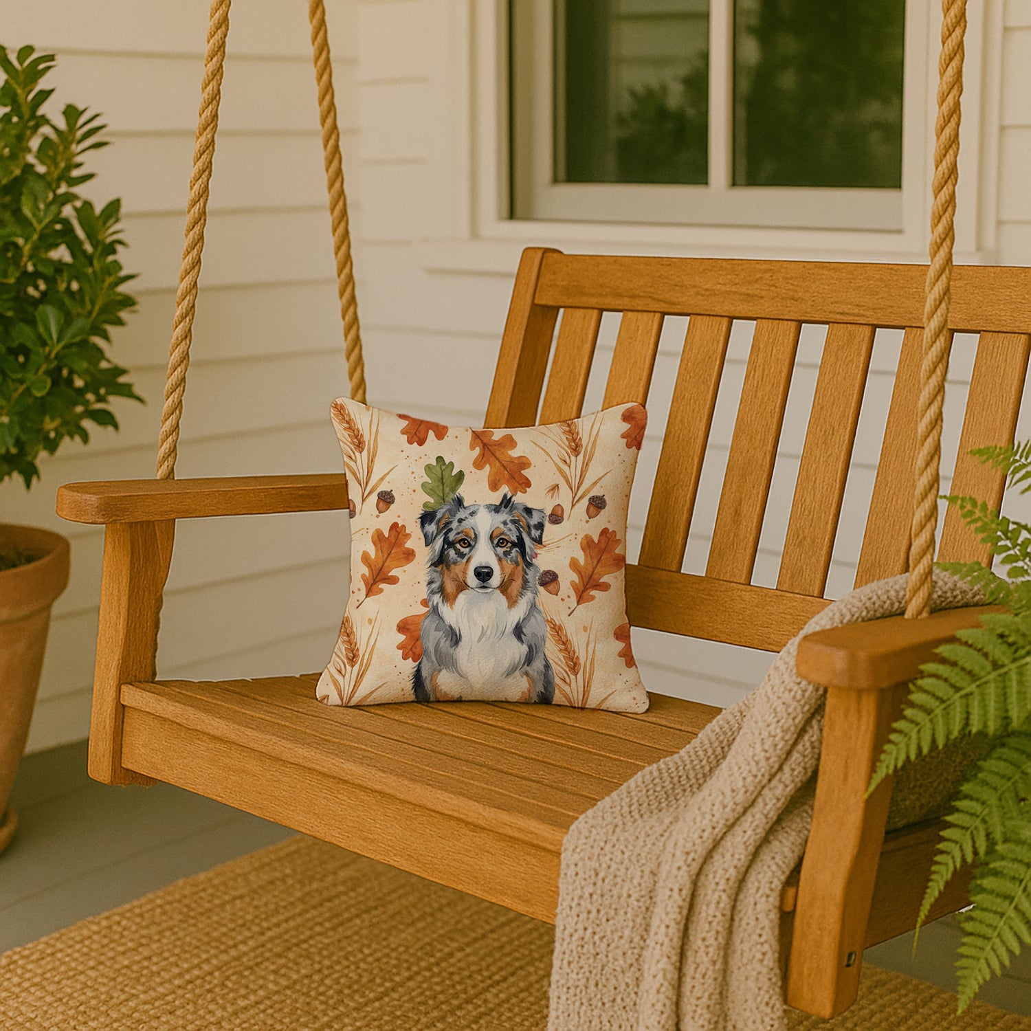 Blue Merle Australian Shepherd Heirloom Fall Decorative Throw Pillow 14x14 Indoor Outdoor Accent Cushion, Fabric Cover with Insert for Sofa, Bed, Porch & Living Room