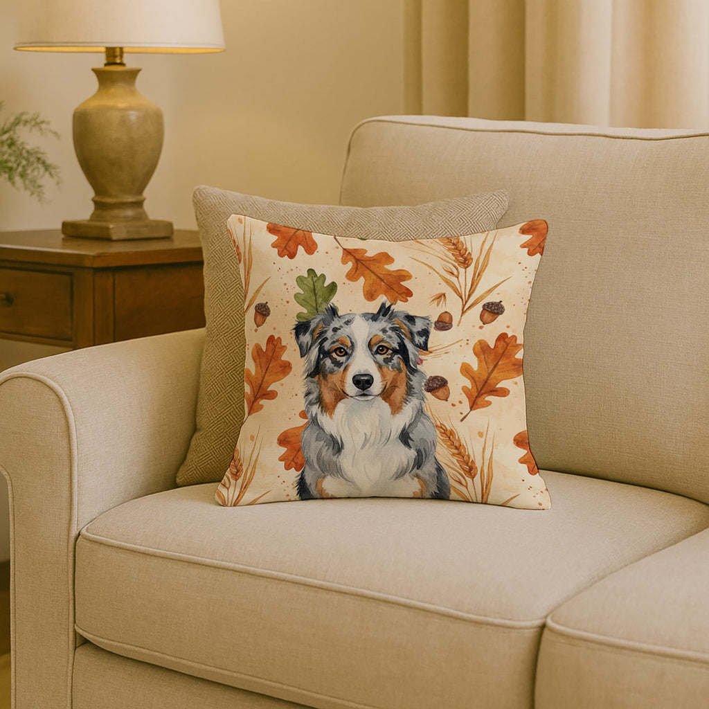 Blue Merle Australian Shepherd Heirloom Fall Decorative Throw Pillow 18x18 Indoor Outdoor Accent Cushion, Fabric Cover with Insert for Sofa, Bed, Porch & Living Room