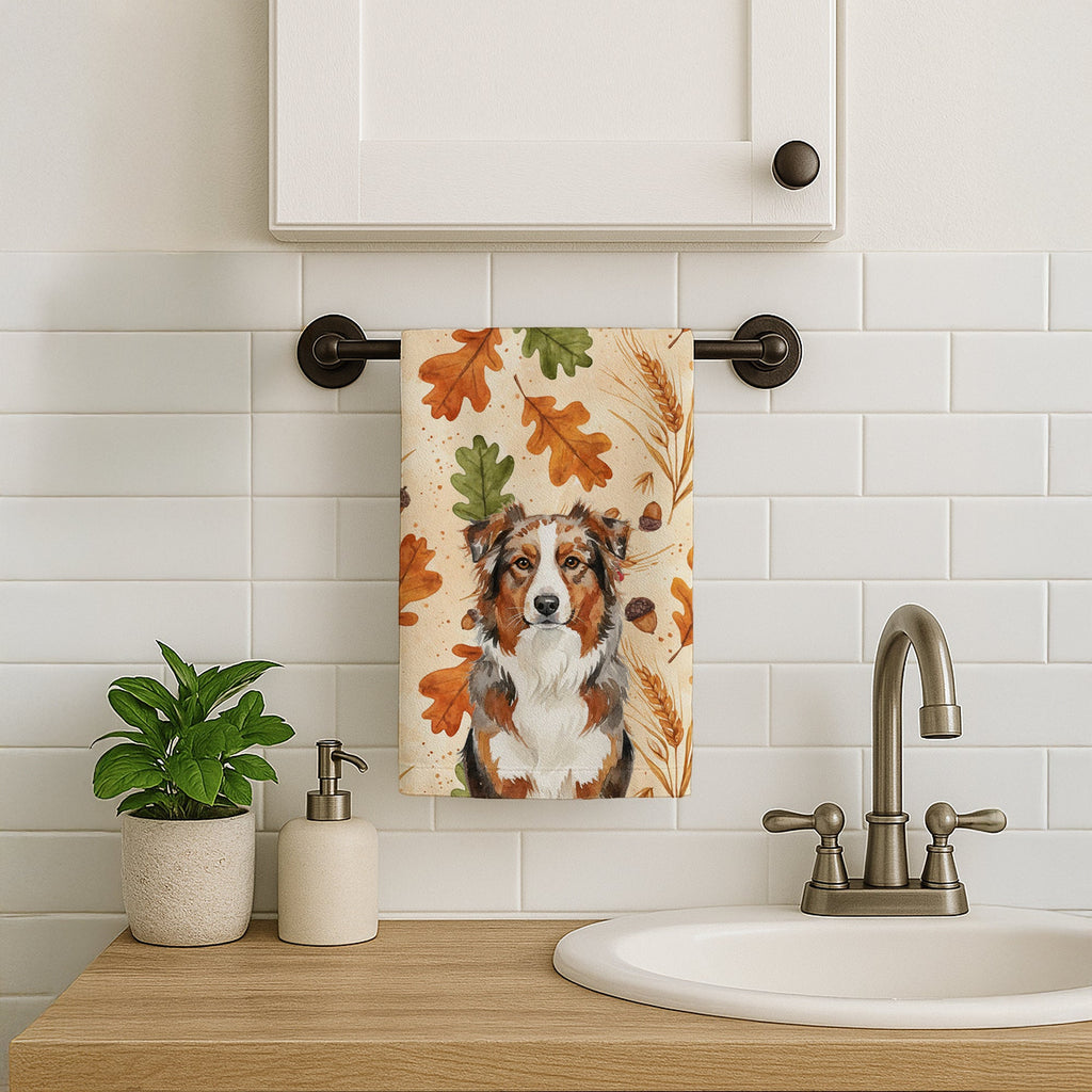 Red Merle Australian Shepherd Heirloom Fall Kitchen Towel Velour Plush Front and Cotton Loop Back Machine Washable