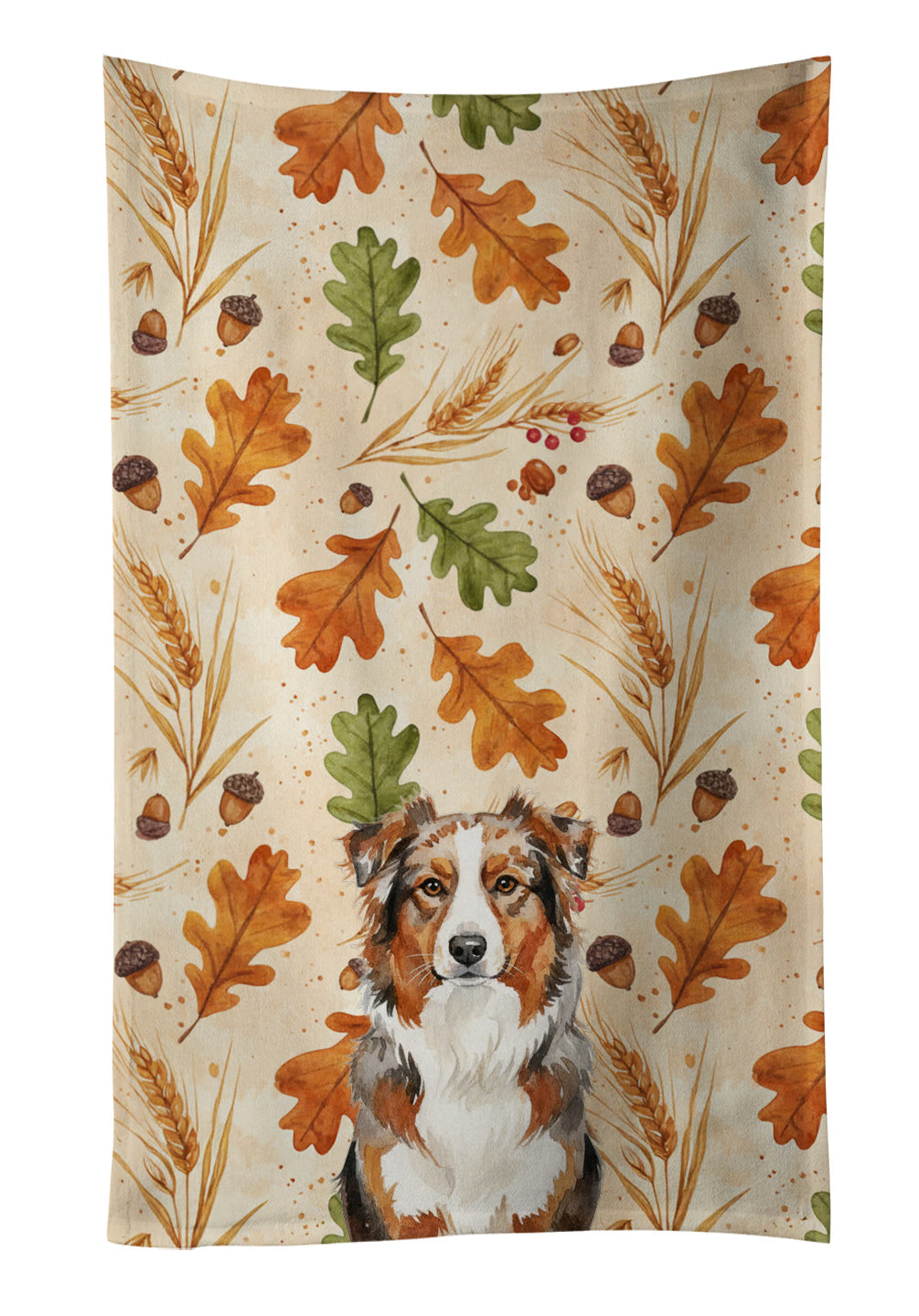 Red Merle Australian Shepherd Heirloom Fall Kitchen Towel Velour Plush Front and Cotton Loop Back Machine Washable