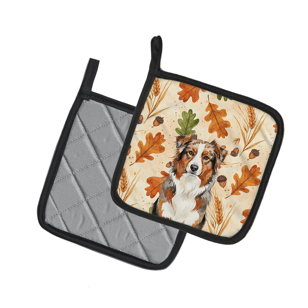 Red Merle Australian Shepherd Heirloom Fall Pot Holder Set of 2 Heat Resistant Quilted Hot Pads 7.5 x 7.5 Inch, Insulated Kitchen Trivets for Cooking & Baking