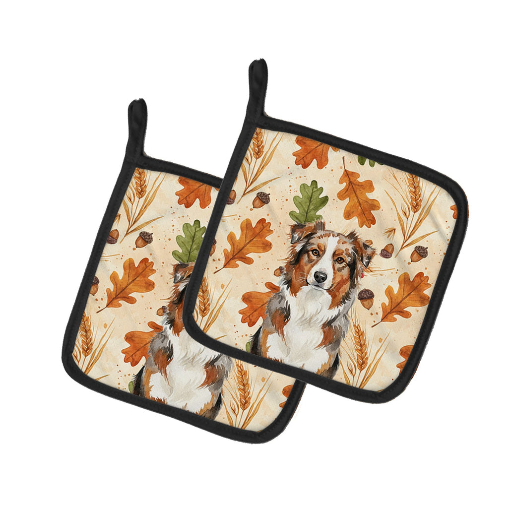 Red Merle Australian Shepherd Heirloom Fall Pot Holder Set of 2 Heat Resistant Quilted Hot Pads 7.5 x 7.5 Inch, Insulated Kitchen Trivets for Cooking & Baking