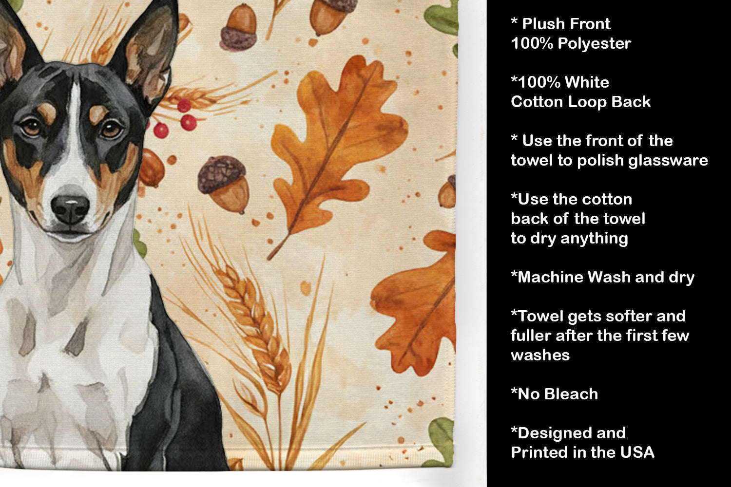 Black and White Basenji Heirloom Fall Kitchen Towel Velour Plush Front and Cotton Loop Back Machine Washable