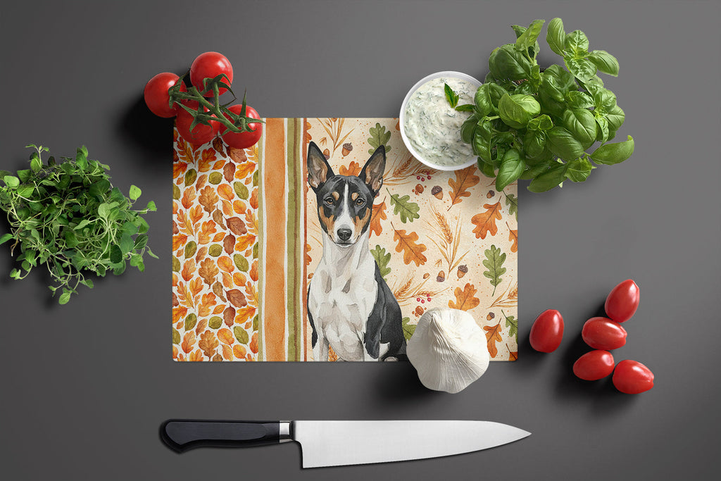 Black and White Basenji Heirloom Fall Cutting Board Tempered Glass Kitchen Cutting Surface, Heat Resistant Chopping, Non-Slip Feet, Food Prep & Serving