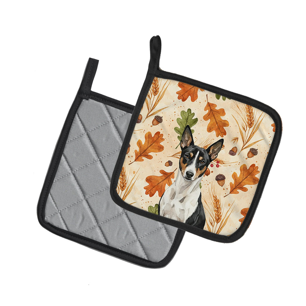 Black and White Basenji Heirloom Fall Pot Holder Set of 2 Heat Resistant Quilted Hot Pads 7.5 x 7.5 Inch, Insulated Kitchen Trivets for Cooking & Baking