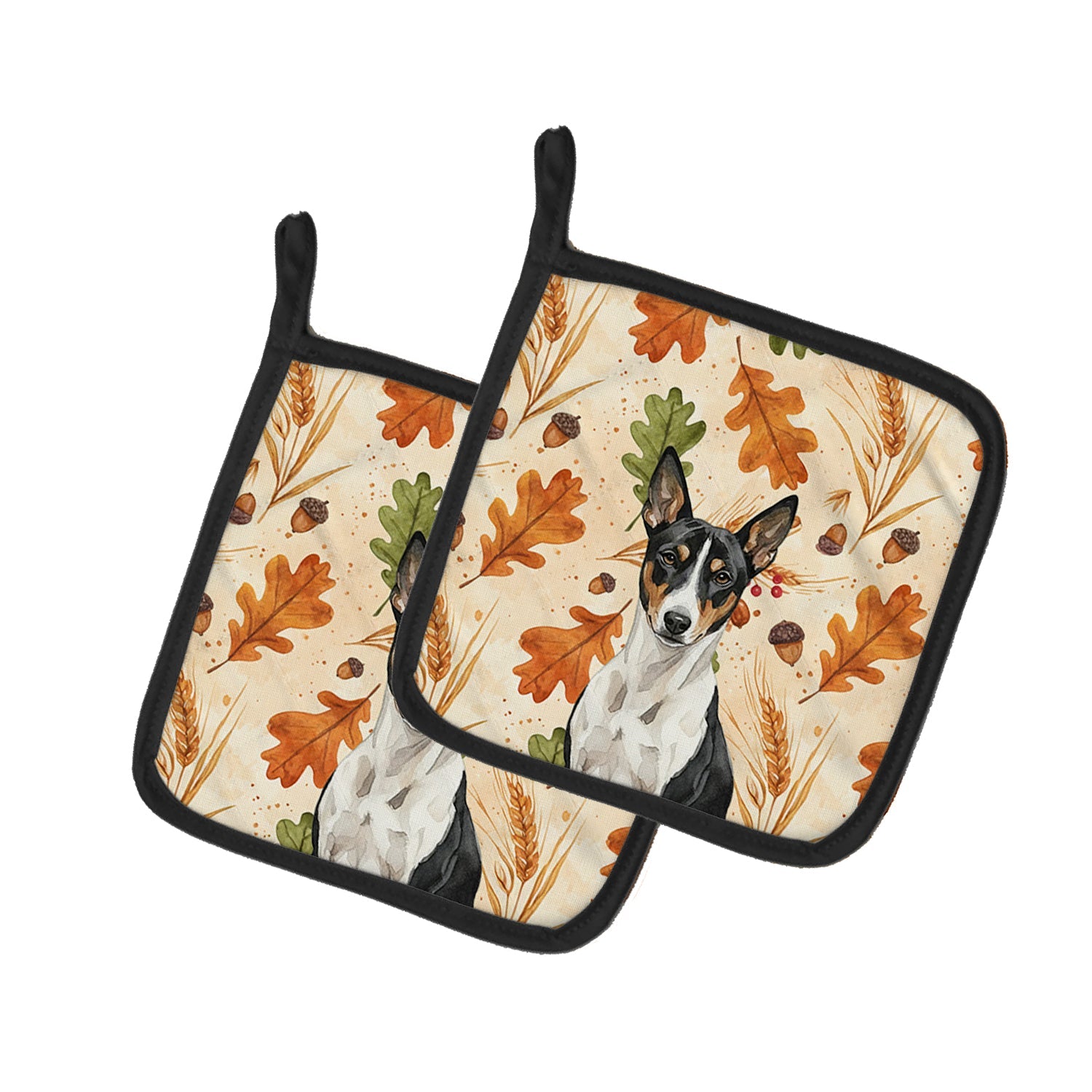 Black and White Basenji Heirloom Fall Pot Holder Set of 2 Heat Resistant Quilted Hot Pads 7.5 x 7.5 Inch, Insulated Kitchen Trivets for Cooking & Baking