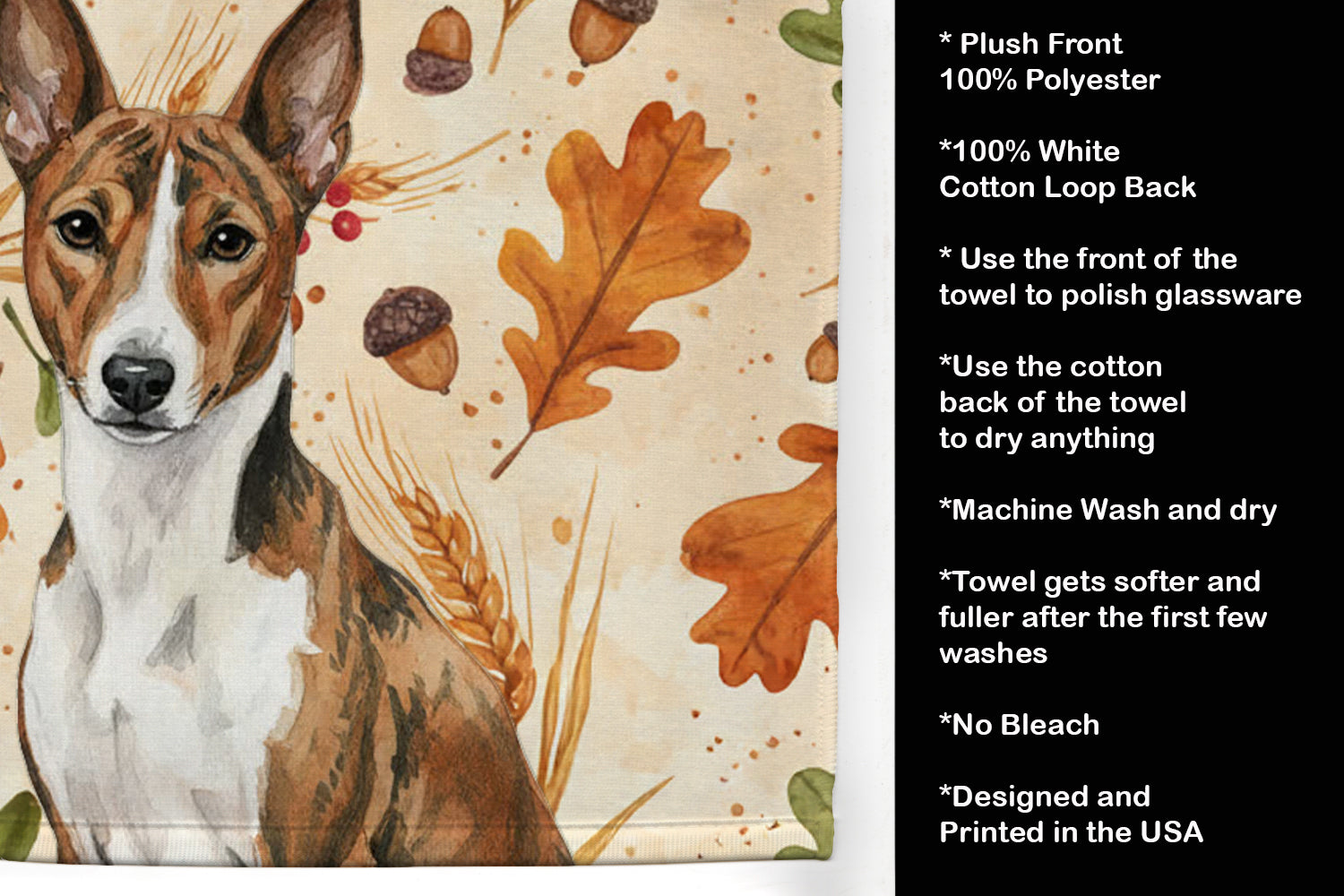 Brindle and White Basenji Heirloom Fall Kitchen Towel Velour Plush Front and Cotton Loop Back Machine Washable
