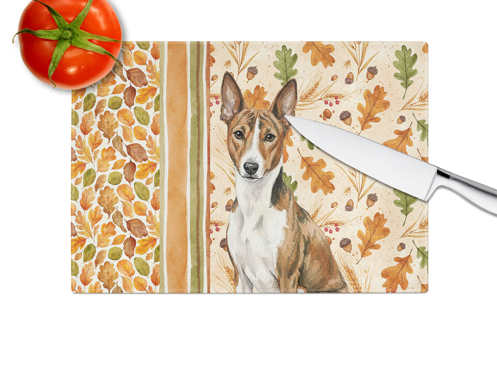 Brindle and White Basenji Heirloom Fall Cutting Board Tempered Glass Kitchen Cutting Surface, Heat Resistant Chopping, Non-Slip Feet, Food Prep & Serving