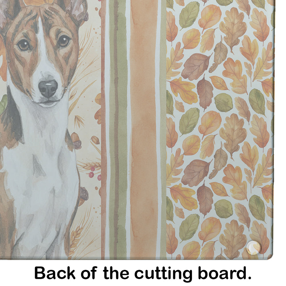 Brindle and White Basenji Heirloom Fall Cutting Board Tempered Glass Kitchen Cutting Surface, Heat Resistant Chopping, Non-Slip Feet, Food Prep & Serving
