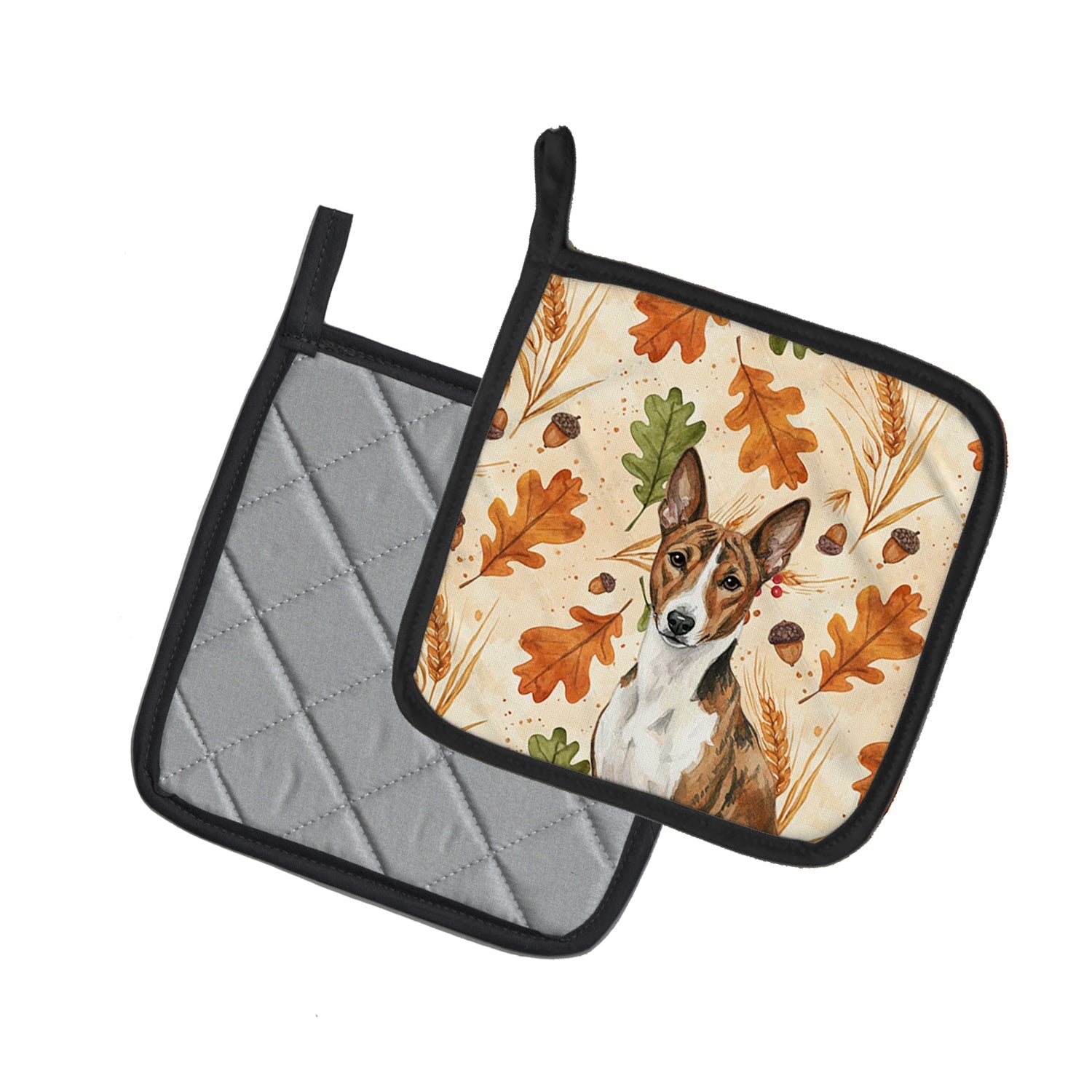 Brindle and White Basenji Heirloom Fall Pot Holder Set of 2 Heat Resistant Quilted Hot Pads 7.5 x 7.5 Inch, Insulated Kitchen Trivets for Cooking & Baking