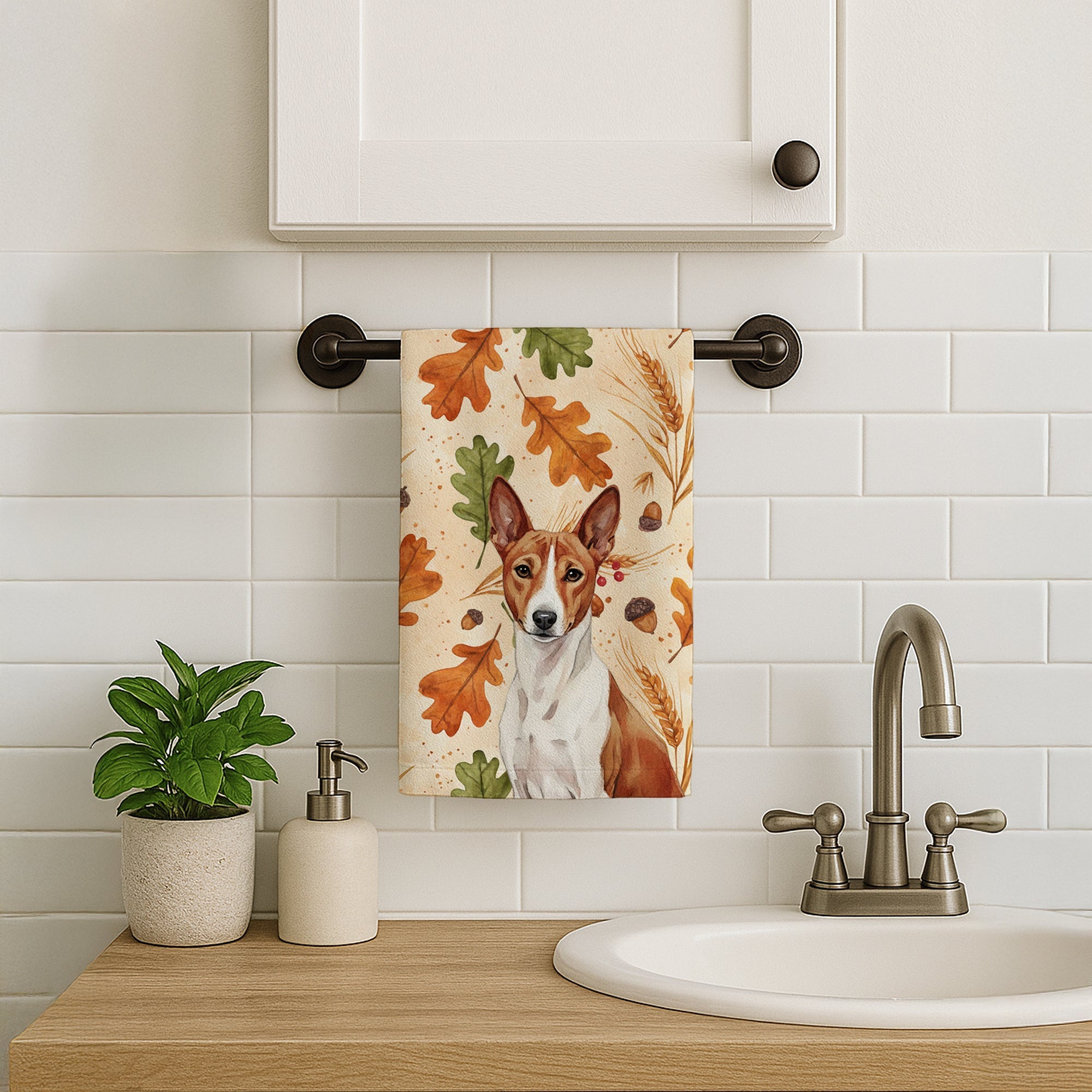 Red and White Basenji Heirloom Fall Kitchen Towel Velour Plush Front and Cotton Loop Back Machine Washable