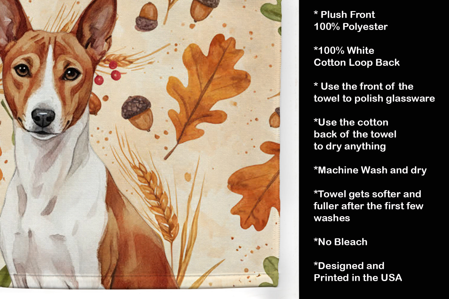 Red and White Basenji Heirloom Fall Kitchen Towel Velour Plush Front and Cotton Loop Back Machine Washable