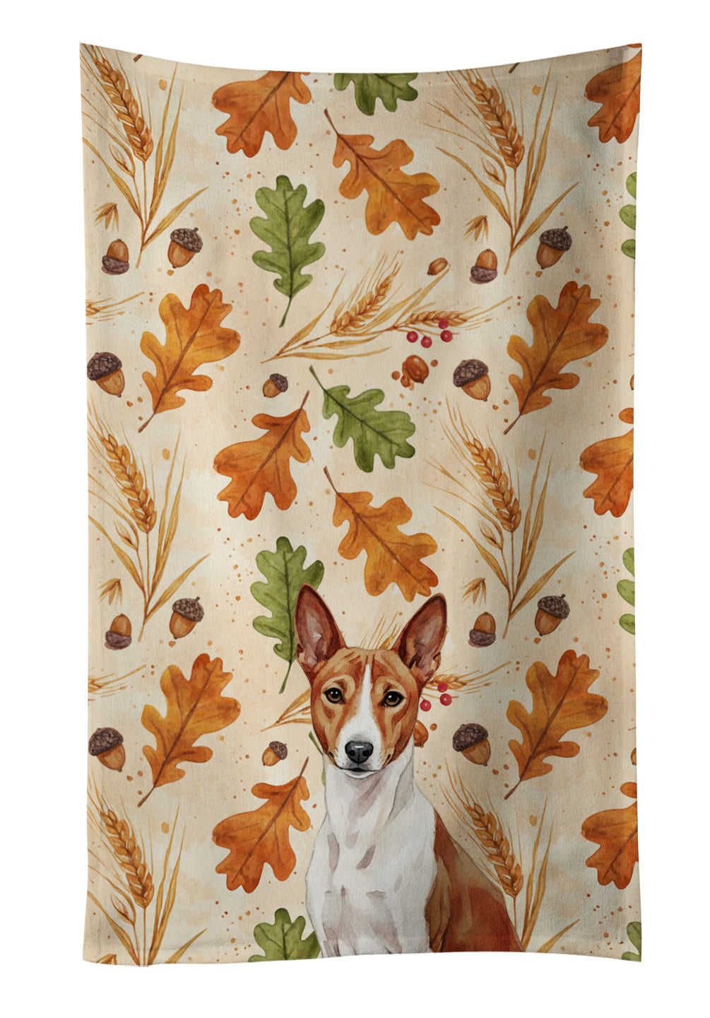Red and White Basenji Heirloom Fall Kitchen Towel Velour Plush Front and Cotton Loop Back Machine Washable