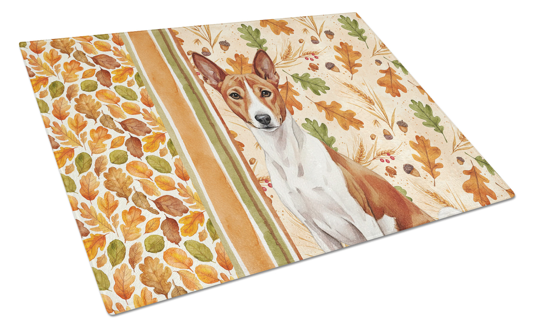 Red and White Basenji Heirloom Fall Cutting Board Tempered Glass Kitchen Cutting Surface, Heat Resistant Chopping, Non-Slip Feet, Food Prep & Serving