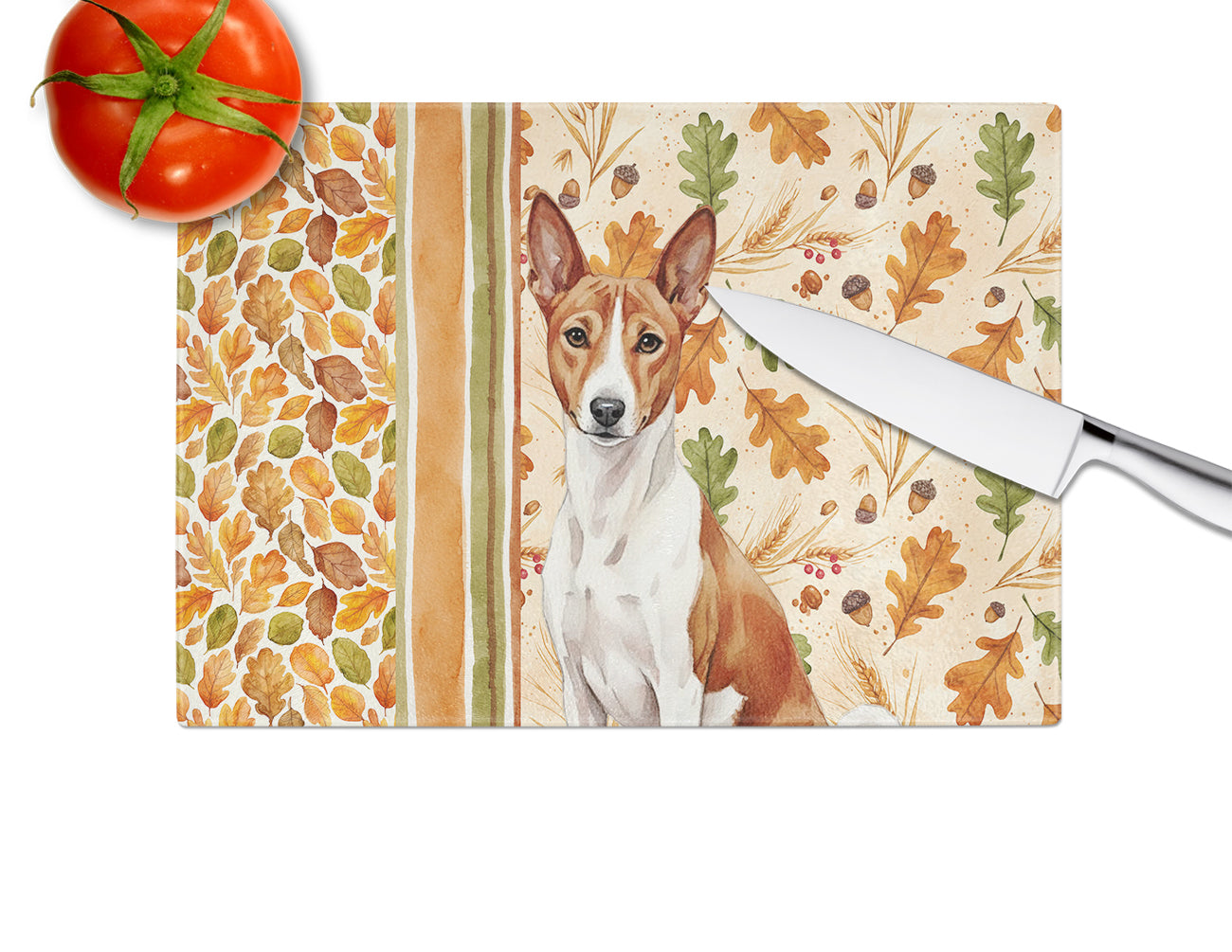 Red and White Basenji Heirloom Fall Cutting Board Tempered Glass Kitchen Cutting Surface, Heat Resistant Chopping, Non-Slip Feet, Food Prep & Serving