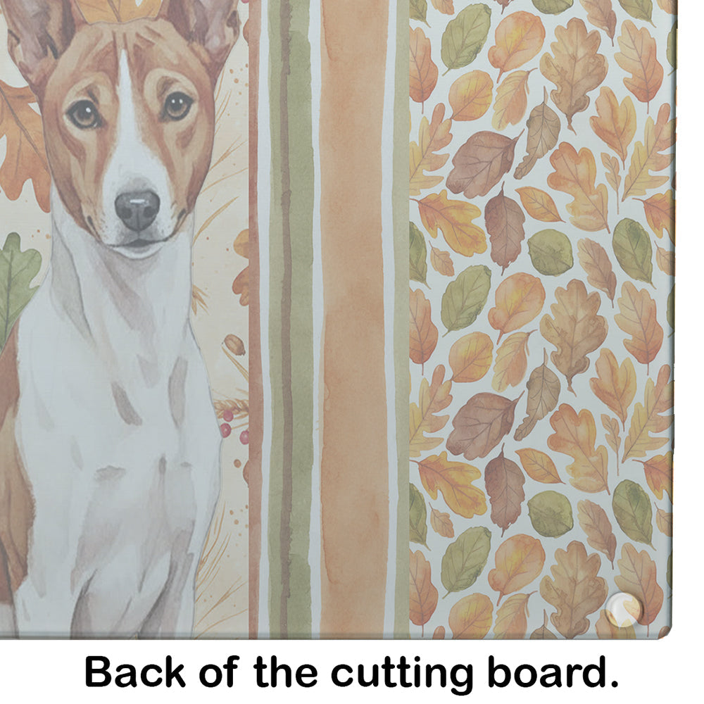 Red and White Basenji Heirloom Fall Cutting Board Tempered Glass Kitchen Cutting Surface, Heat Resistant Chopping, Non-Slip Feet, Food Prep & Serving