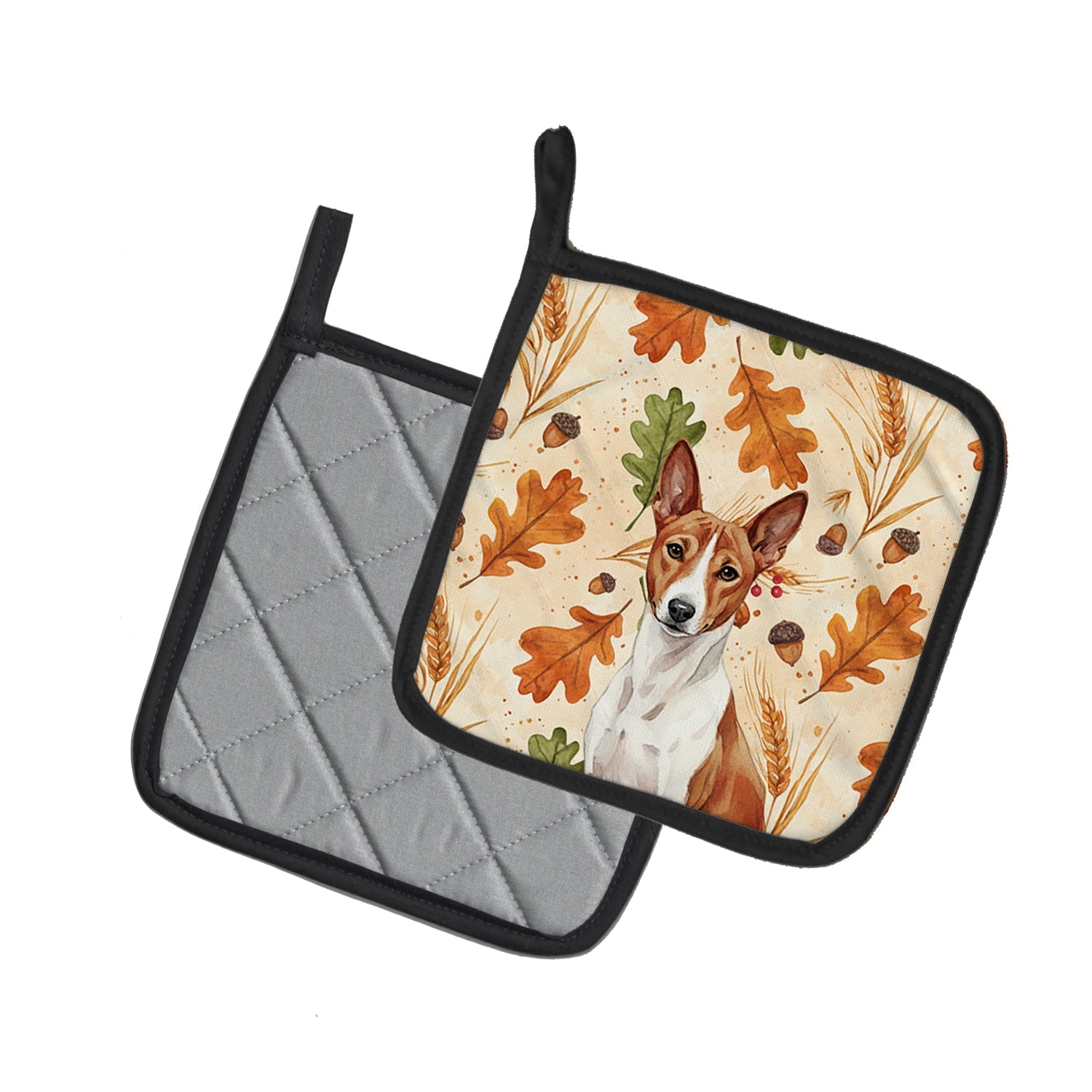 Red and White Basenji Heirloom Fall Pot Holder Set of 2 Heat Resistant Quilted Hot Pads 7.5 x 7.5 Inch, Insulated Kitchen Trivets for Cooking & Baking
