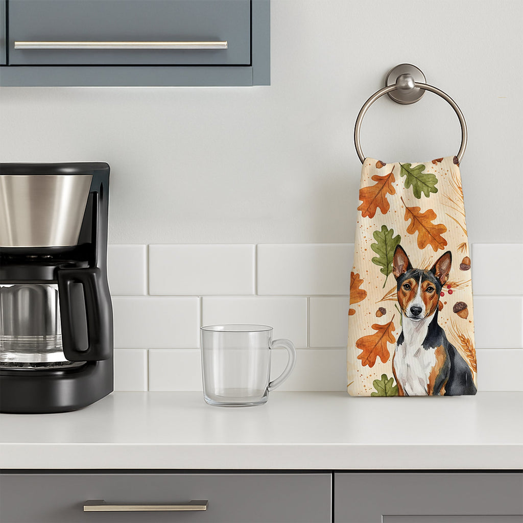Tricolor and White Basenji Heirloom Fall Kitchen Towel Velour Plush Front and Cotton Loop Back Machine Washable