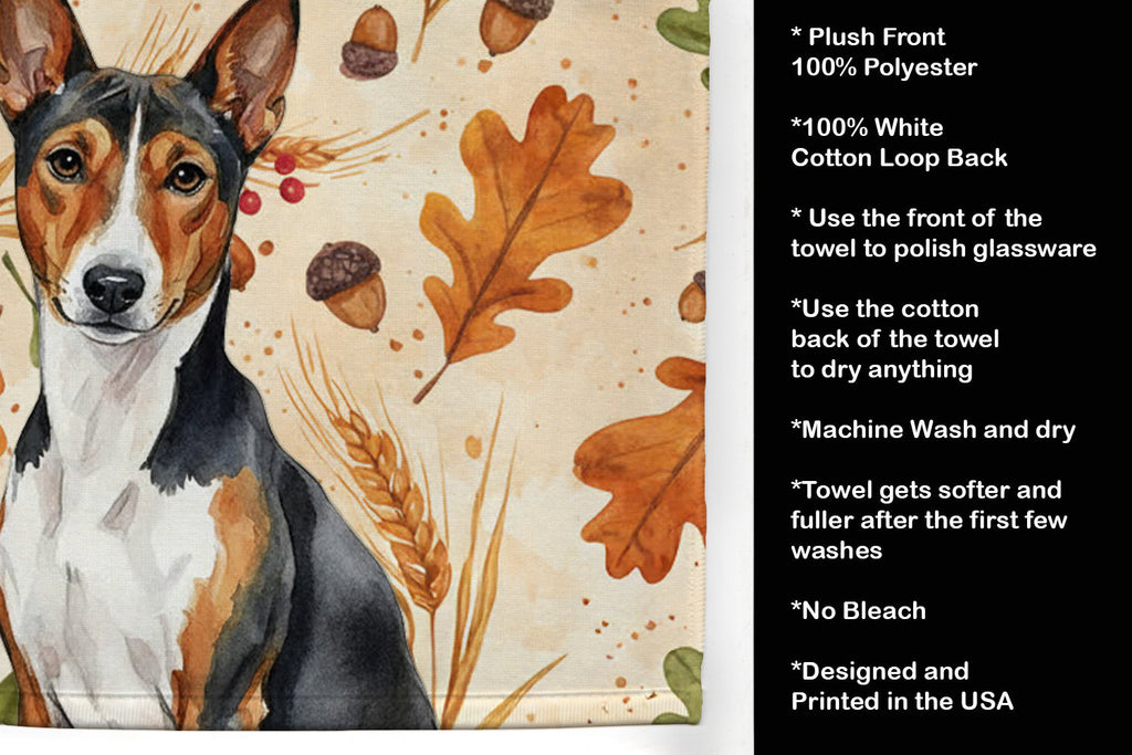 Tricolor and White Basenji Heirloom Fall Kitchen Towel Velour Plush Front and Cotton Loop Back Machine Washable