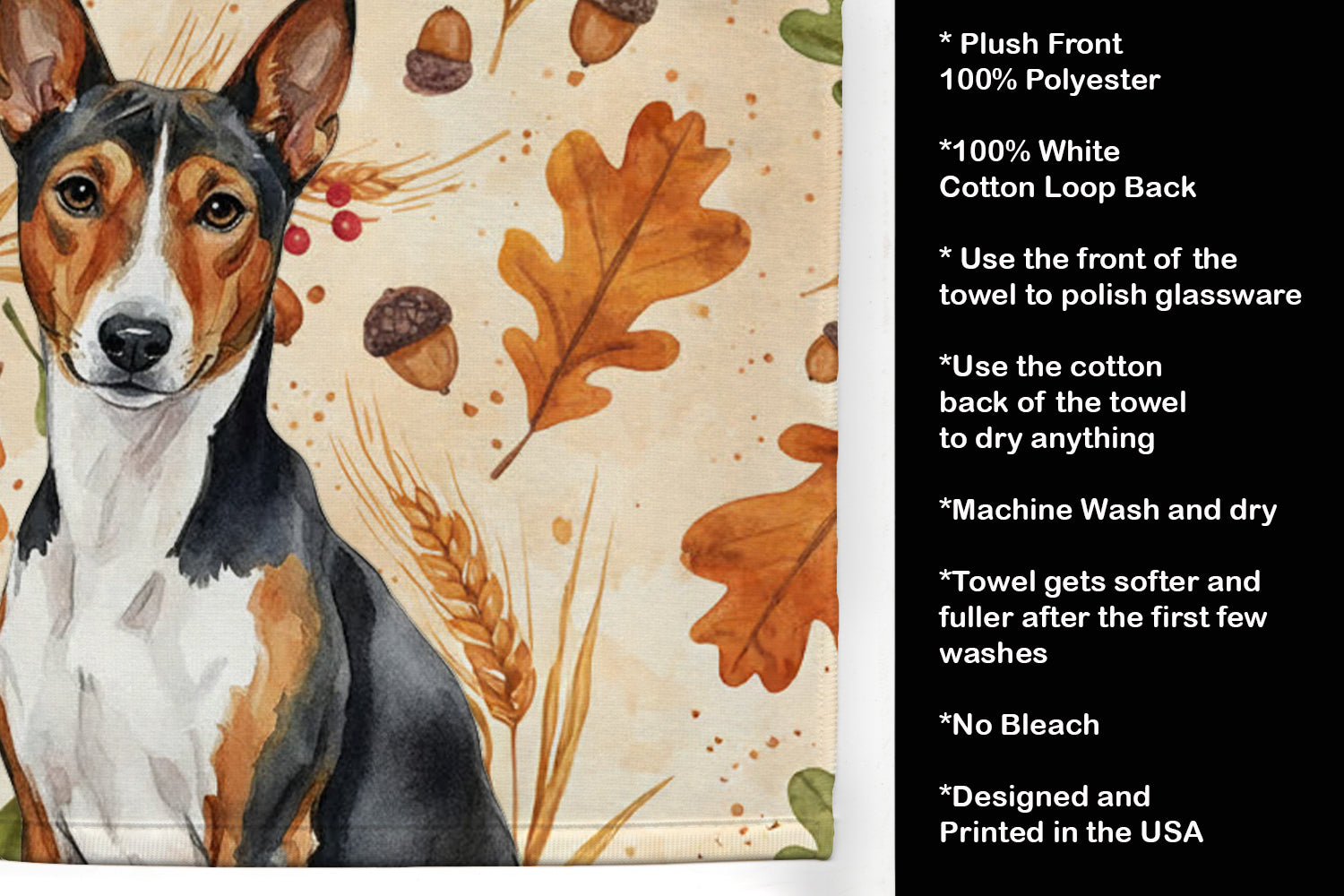 Tricolor and White Basenji Heirloom Fall Kitchen Towel Velour Plush Front and Cotton Loop Back Machine Washable