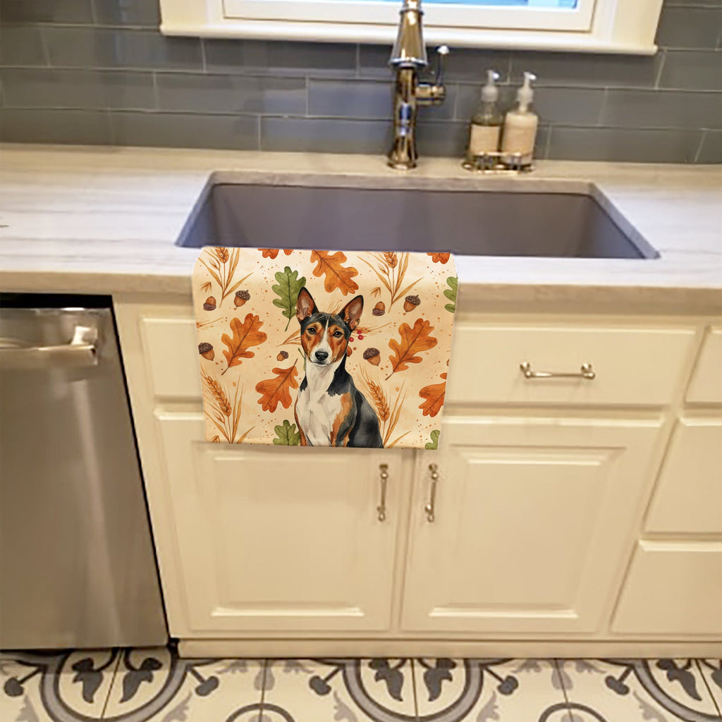 Tricolor and White Basenji Heirloom Fall Kitchen Towel Velour Plush Front and Cotton Loop Back Machine Washable