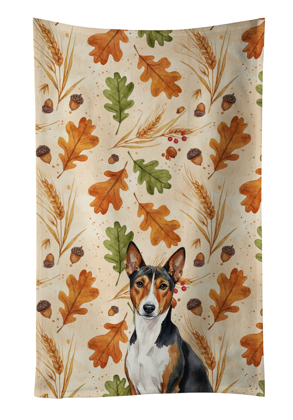 Tricolor and White Basenji Heirloom Fall Kitchen Towel Velour Plush Front and Cotton Loop Back Machine Washable