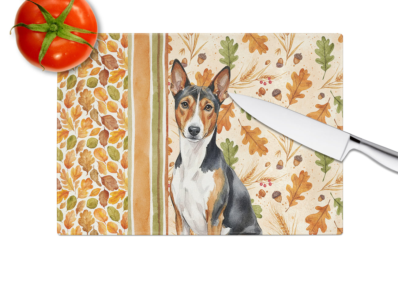 Tricolor and White Basenji Heirloom Fall Cutting Board Tempered Glass Kitchen Cutting Surface, Heat Resistant Chopping, Non-Slip Feet, Food Prep & Serving