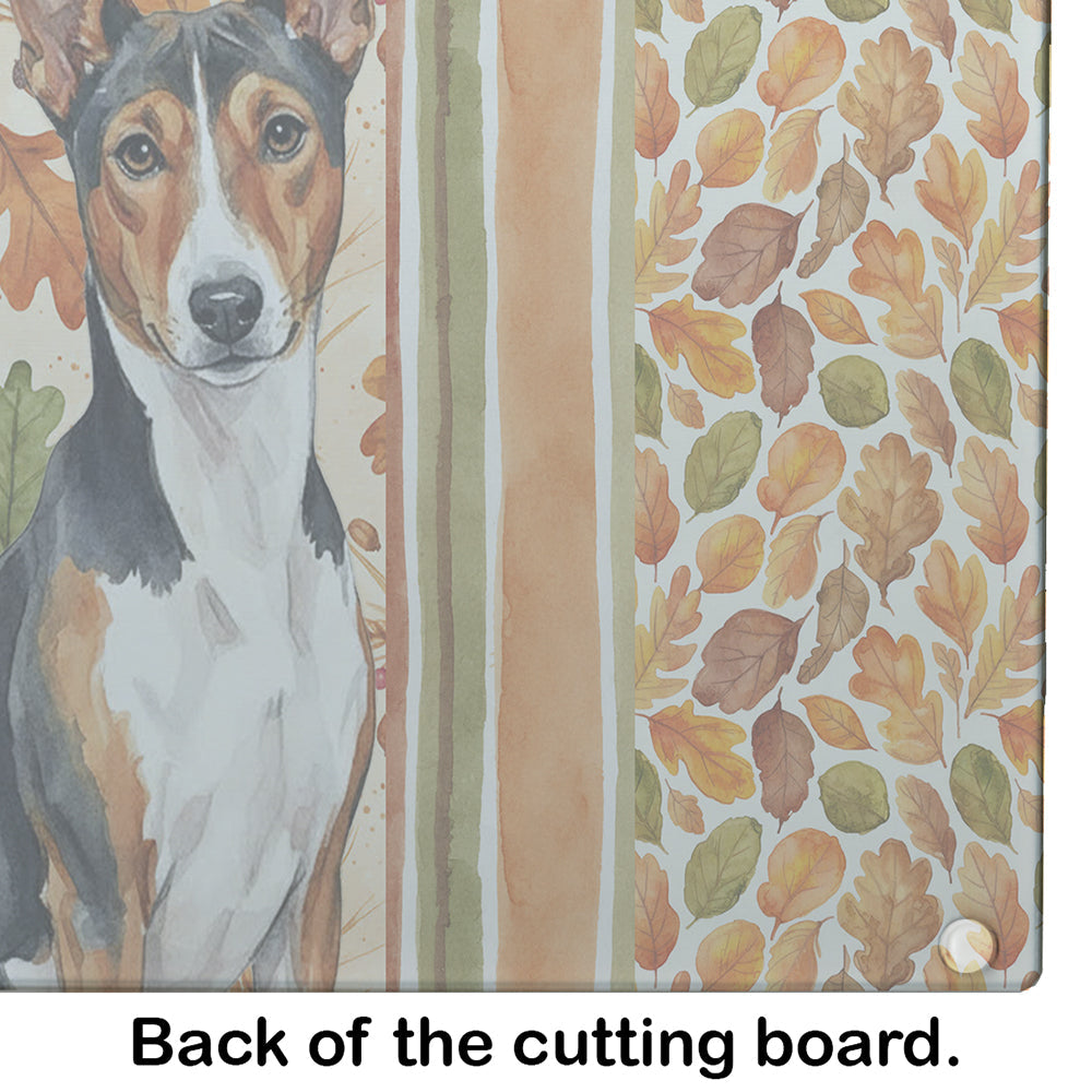 Tricolor and White Basenji Heirloom Fall Cutting Board Tempered Glass Kitchen Cutting Surface, Heat Resistant Chopping, Non-Slip Feet, Food Prep & Serving
