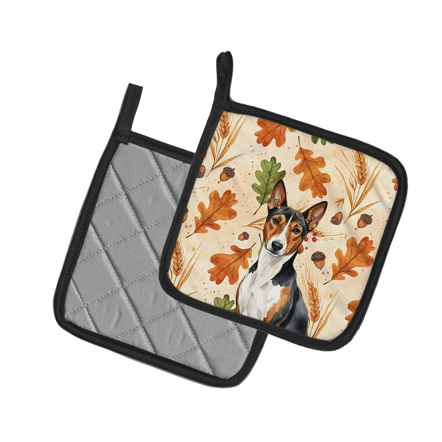Tricolor and White Basenji Heirloom Fall Pot Holder Set of 2 Heat Resistant Quilted Hot Pads 7.5 x 7.5 Inch, Insulated Kitchen Trivets for Cooking & Baking