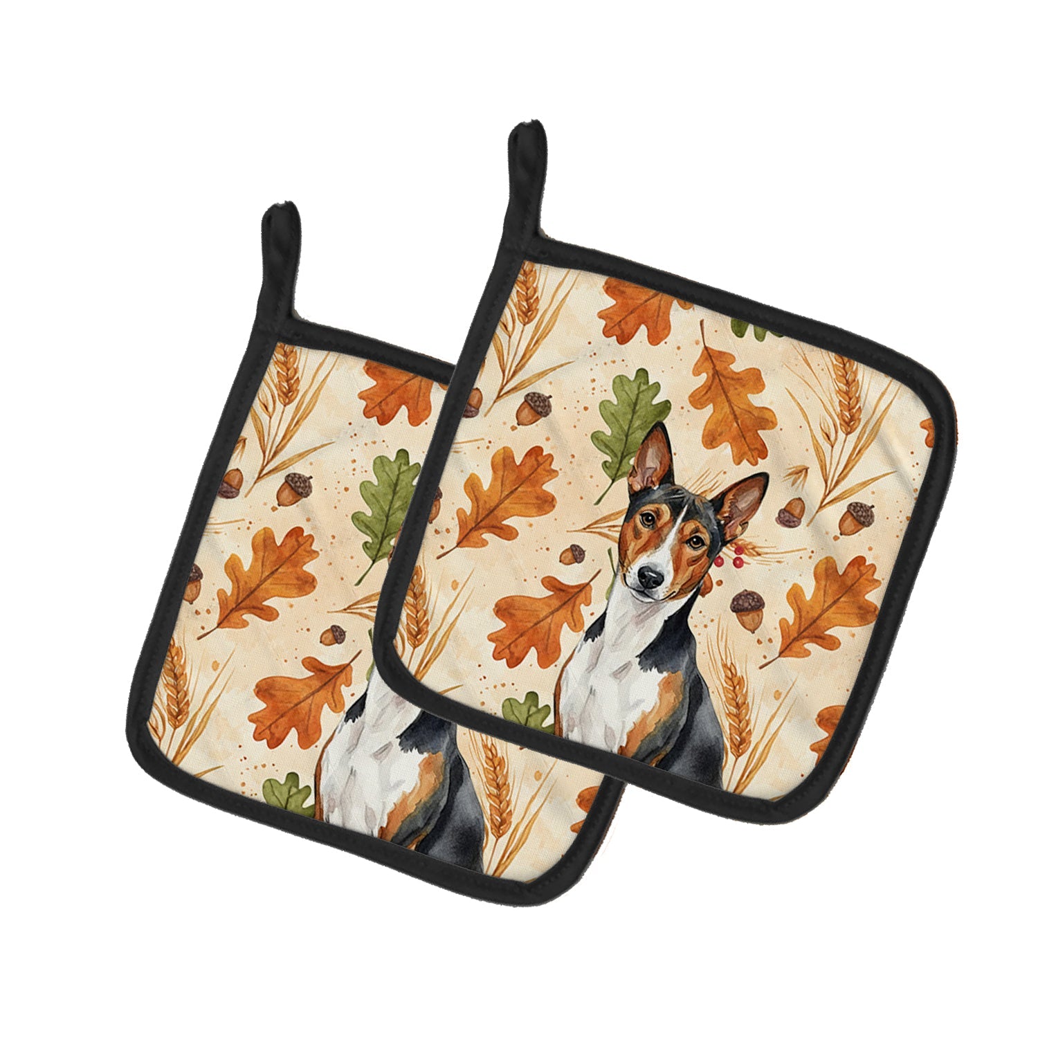 Tricolor and White Basenji Heirloom Fall Pot Holder Set of 2 Heat Resistant Quilted Hot Pads 7.5 x 7.5 Inch, Insulated Kitchen Trivets for Cooking & Baking