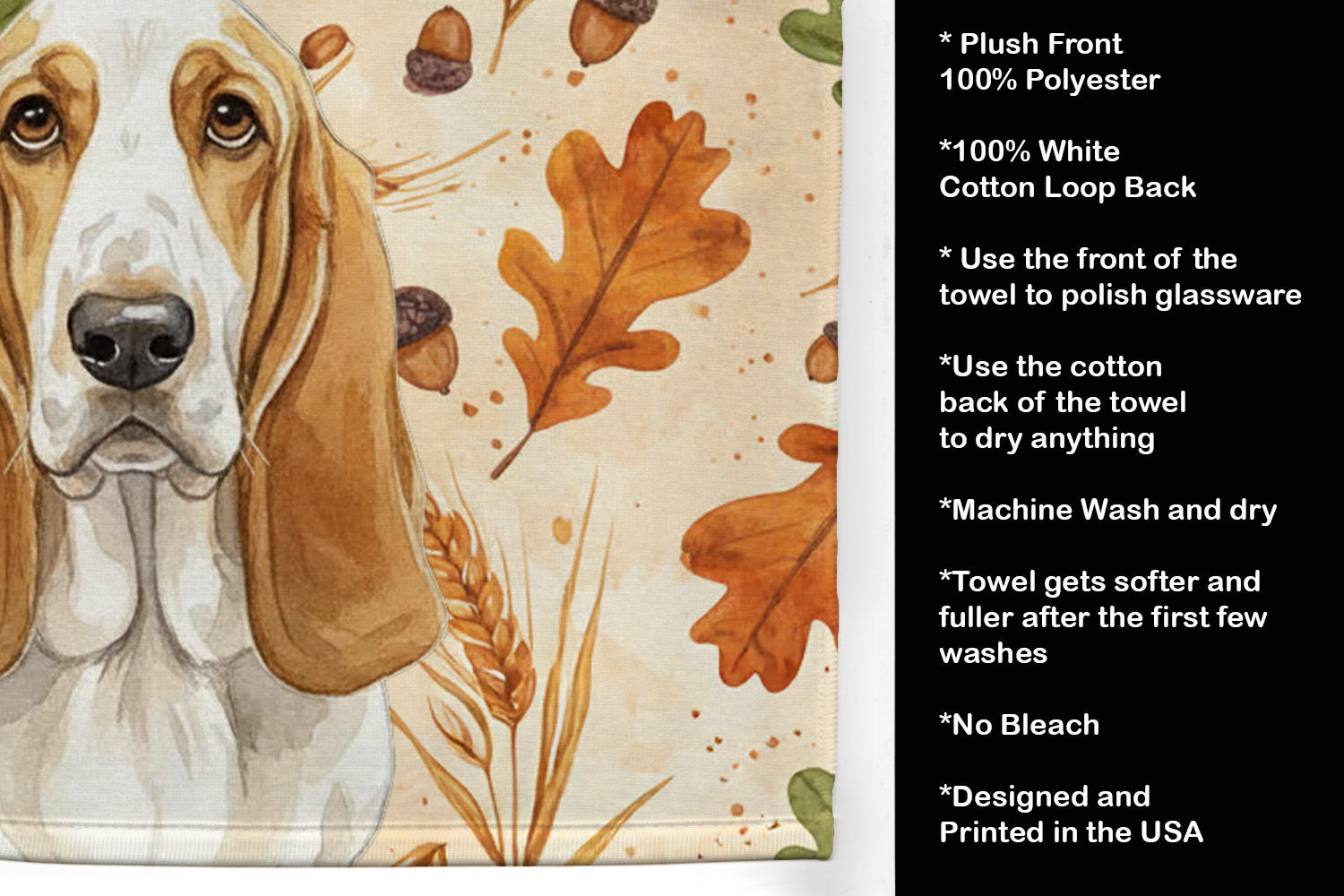 Lemon and White Basset Hound Heirloom Fall Kitchen Towel Velour Plush Front and Cotton Loop Back Machine Washable
