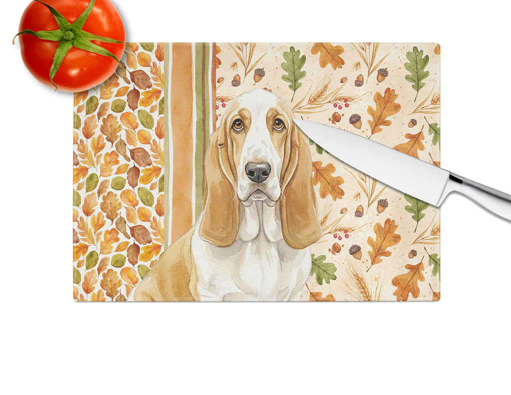 Lemon and White Basset Hound Heirloom Fall Cutting Board Tempered Glass Kitchen Cutting Surface, Heat Resistant Chopping, Non-Slip Feet, Food Prep & Serving