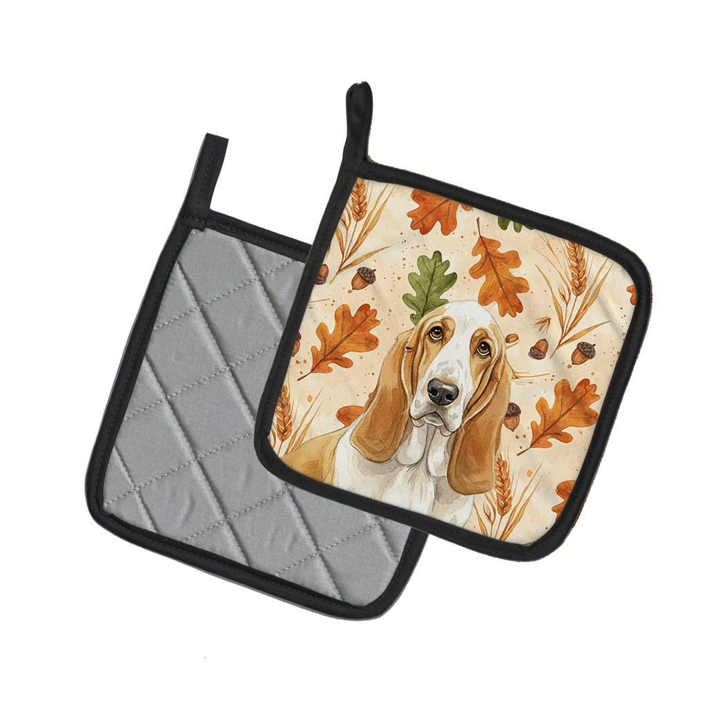 Lemon and White Basset Hound Heirloom Fall Pot Holder Set of 2 Heat Resistant Quilted Hot Pads 7.5 x 7.5 Inch, Insulated Kitchen Trivets for Cooking & Baking
