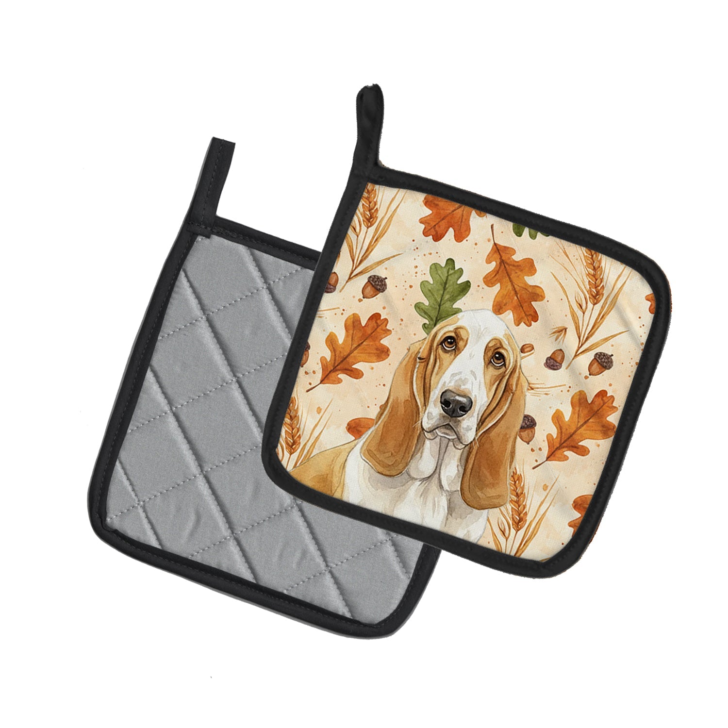 Lemon and White Basset Hound Heirloom Fall Pot Holder Set of 2 Heat Resistant Quilted Hot Pads 7.5 x 7.5 Inch, Insulated Kitchen Trivets for Cooking & Baking