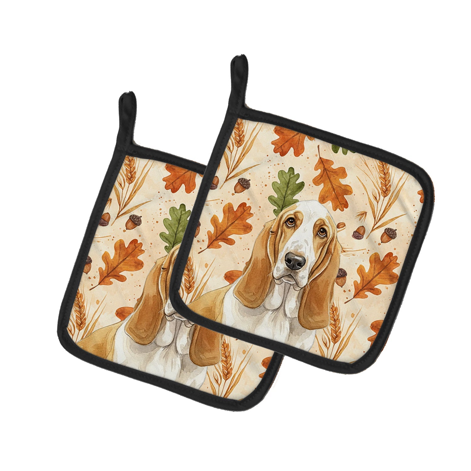 Lemon and White Basset Hound Heirloom Fall Pot Holder Set of 2 Heat Resistant Quilted Hot Pads 7.5 x 7.5 Inch, Insulated Kitchen Trivets for Cooking & Baking