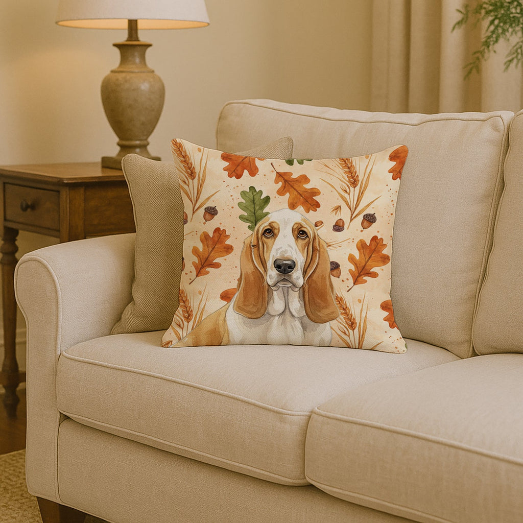 Lemon and White Basset Hound Heirloom Fall Decorative Throw Pillow 14x14 Indoor Outdoor Accent Cushion, Fabric Cover with Insert for Sofa, Bed, Porch & Living Room