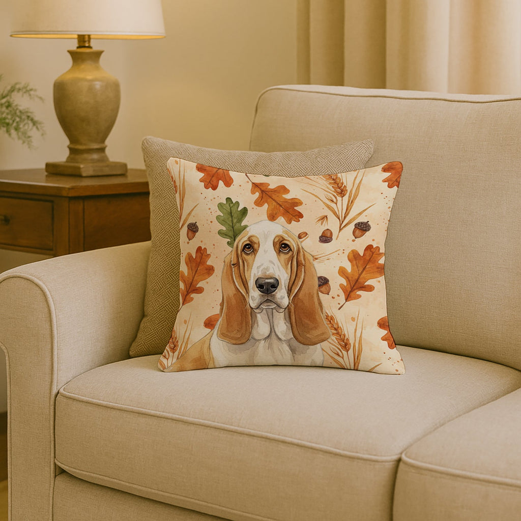 Lemon and White Basset Hound Heirloom Fall Decorative Throw Pillow 18x18 Indoor Outdoor Accent Cushion, Fabric Cover with Insert for Sofa, Bed, Porch & Living Room