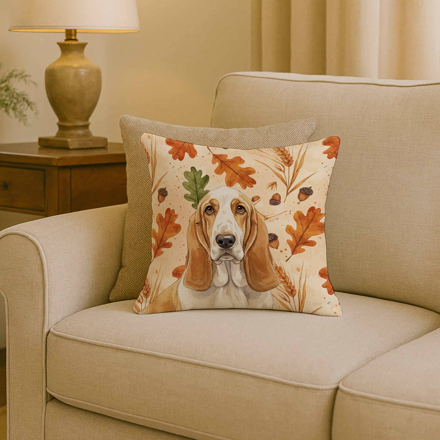 Lemon and White Basset Hound Heirloom Fall Decorative Throw Pillow 18x18 Indoor Outdoor Accent Cushion, Fabric Cover with Insert for Sofa, Bed, Porch & Living Room
