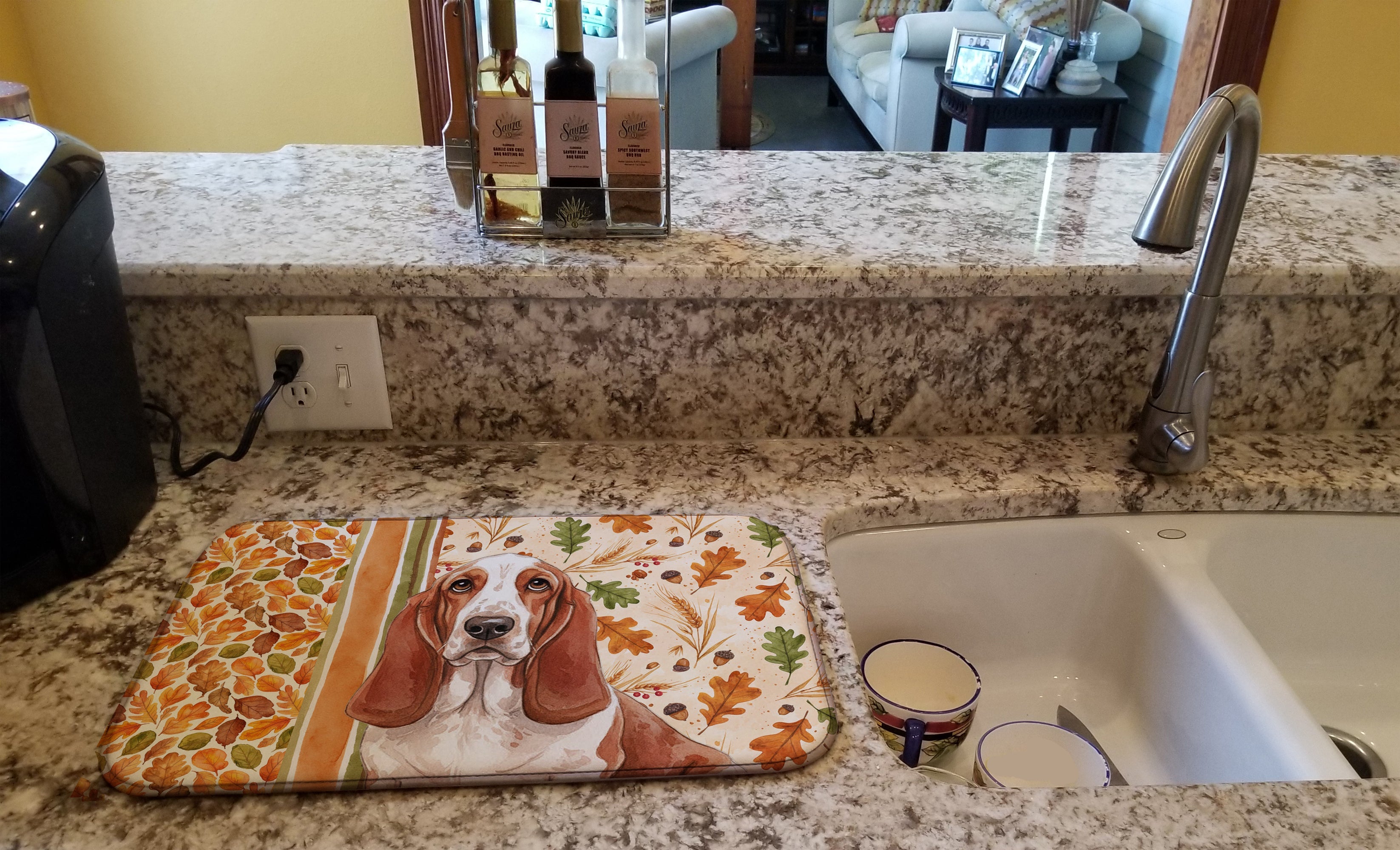 Red and White Basset Hound Heirloom Fall Dish Drying Mat Absorbent Dish Drying Mat Pad for Kitchen Counter Dish Drainer Mat for Countertop, 14 x 21", Multicolor